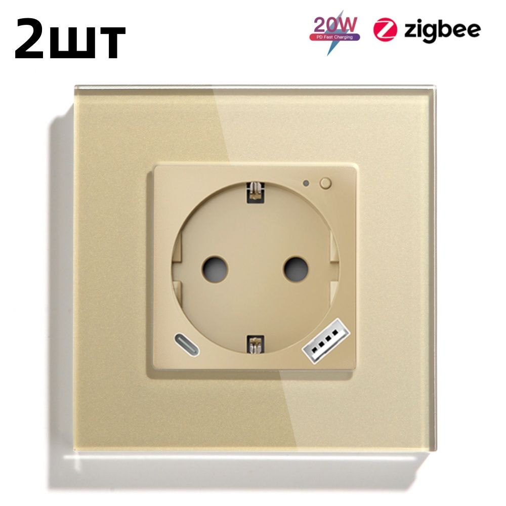Розетка Умная Zigbee одинарная с USB и type-C входами, быстрая зарядка 20W, мониторинг потребления, поддержкой Алисой, рамка стекло ,2шт