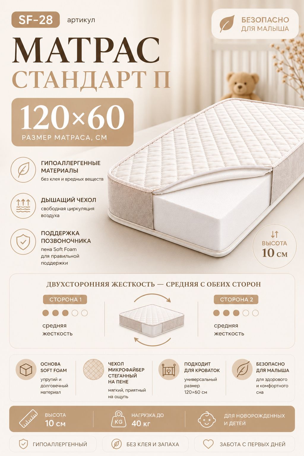 Матрас Стандарт детский 120*60*10 см арт. SF-28