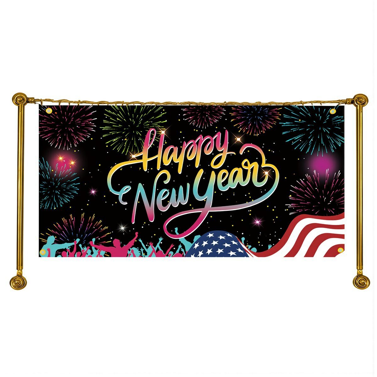 Новогодний декоративный фон баннер Happy New Year черно золотой с воздушными шарами размером 150 на 90 см для вечеринки, Версия 2