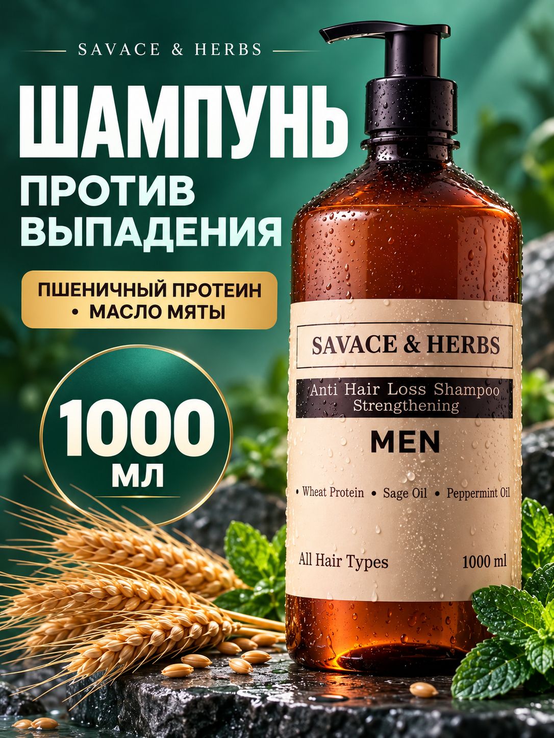 Шампунь мужской против выпадения волос, для роста натуральный SAVACE & HERBS 1000 мл