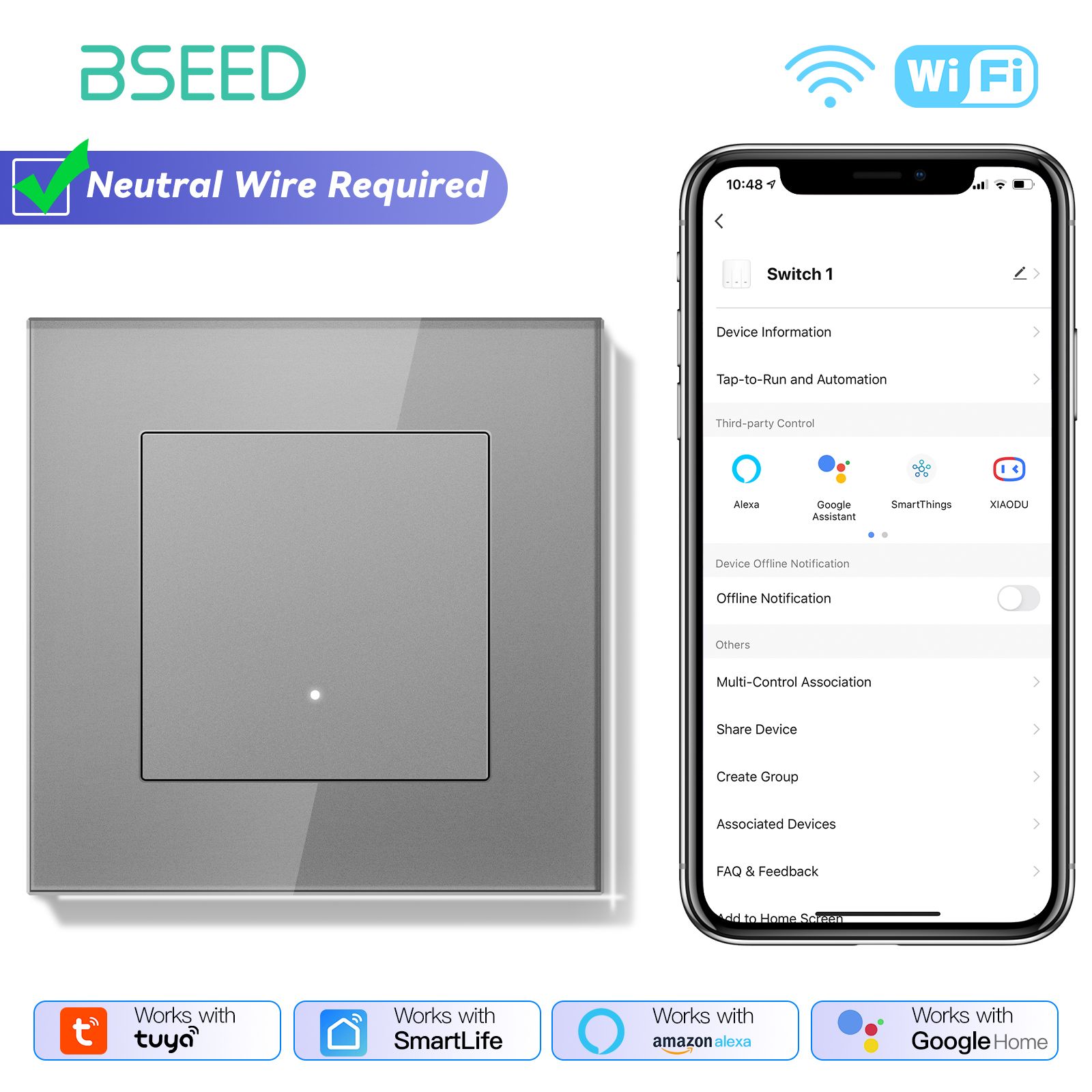 Умный Wi-Fi выключатель с Алисой, 1 клавиша, стеклянная панель, серый, Серия E - CLICK