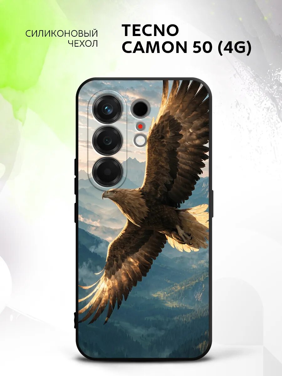 Чехол на Tecno Camon 50 (4G), Техно Камон 50 (4Г) защита камеры и углов, прозрачный с принтом орел и горы