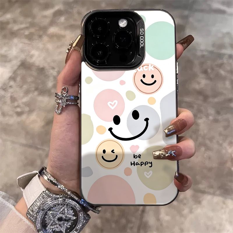 Чехол на Aйфон 14 Про Макс / IPHONE 14 PRO MAX черный с пастельными цветными кругами и крупным смайликом be happy Противоударный