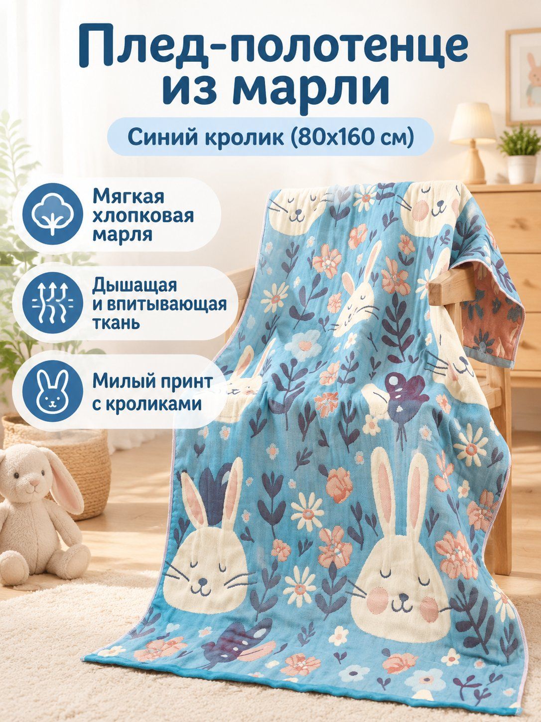 Плед 80x160 см хлопок кролики белый
