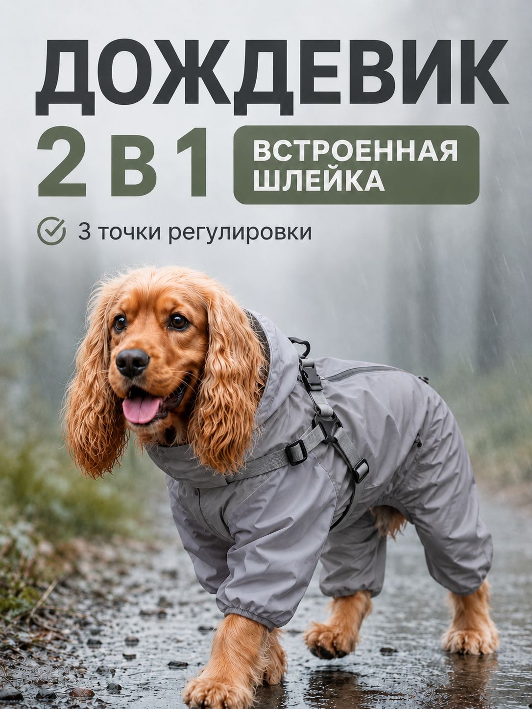 Дождевик для собак средних пород MiloPets, комбинезон со шлейкой и капюшоном, светоотражающий