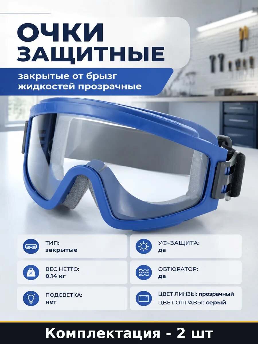 Очки защитные закрытые от брызг жидкостей прозрачные