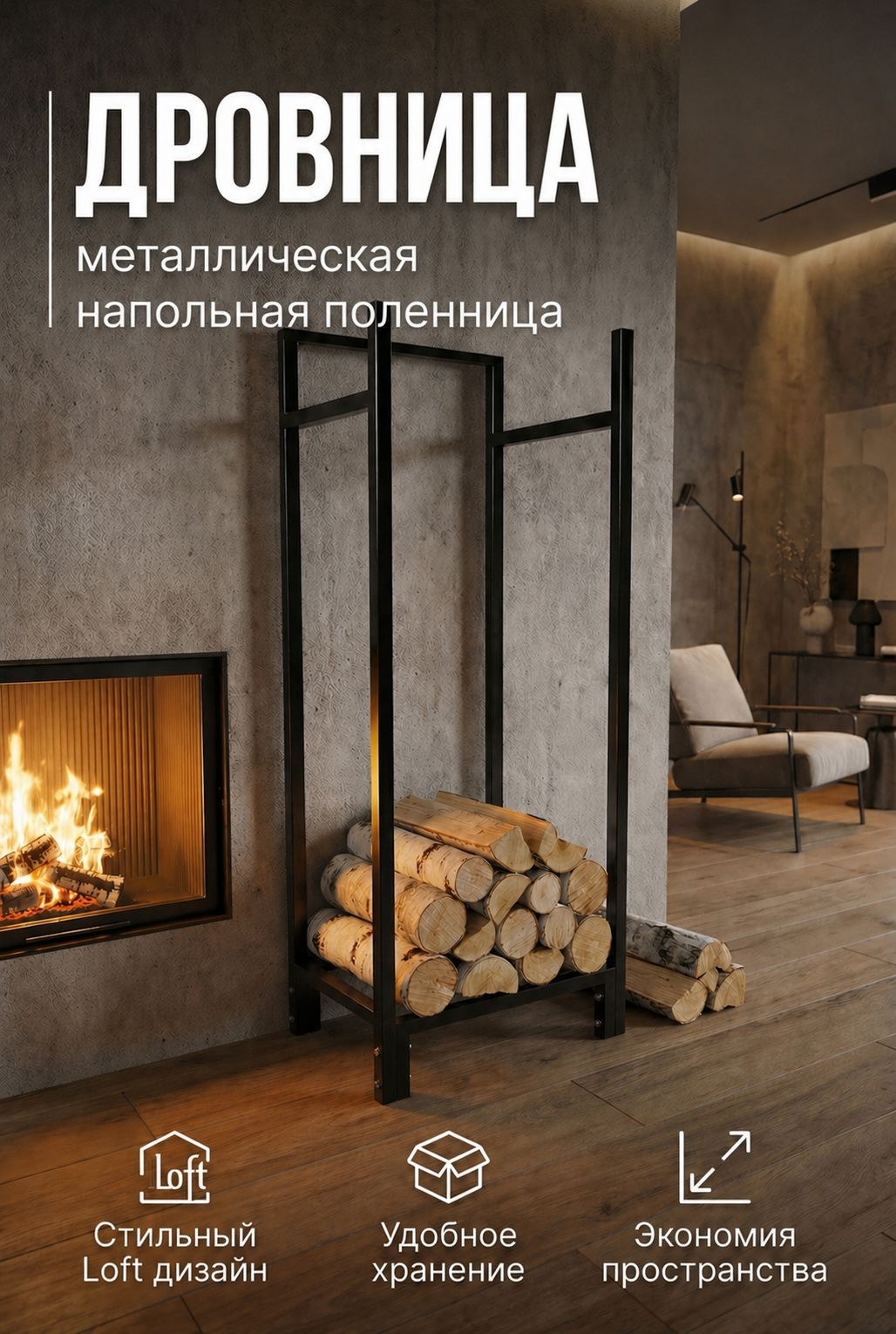 Дровница напольная 35x30x100 см сталь черный, черный матовый 1 шт