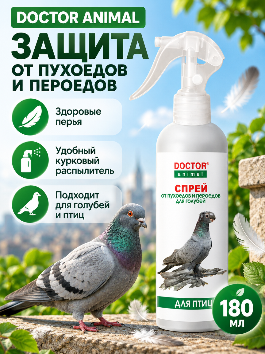 Спрей DOCTOR ANIMAL от пухоедов для голубей и других птиц.180мл