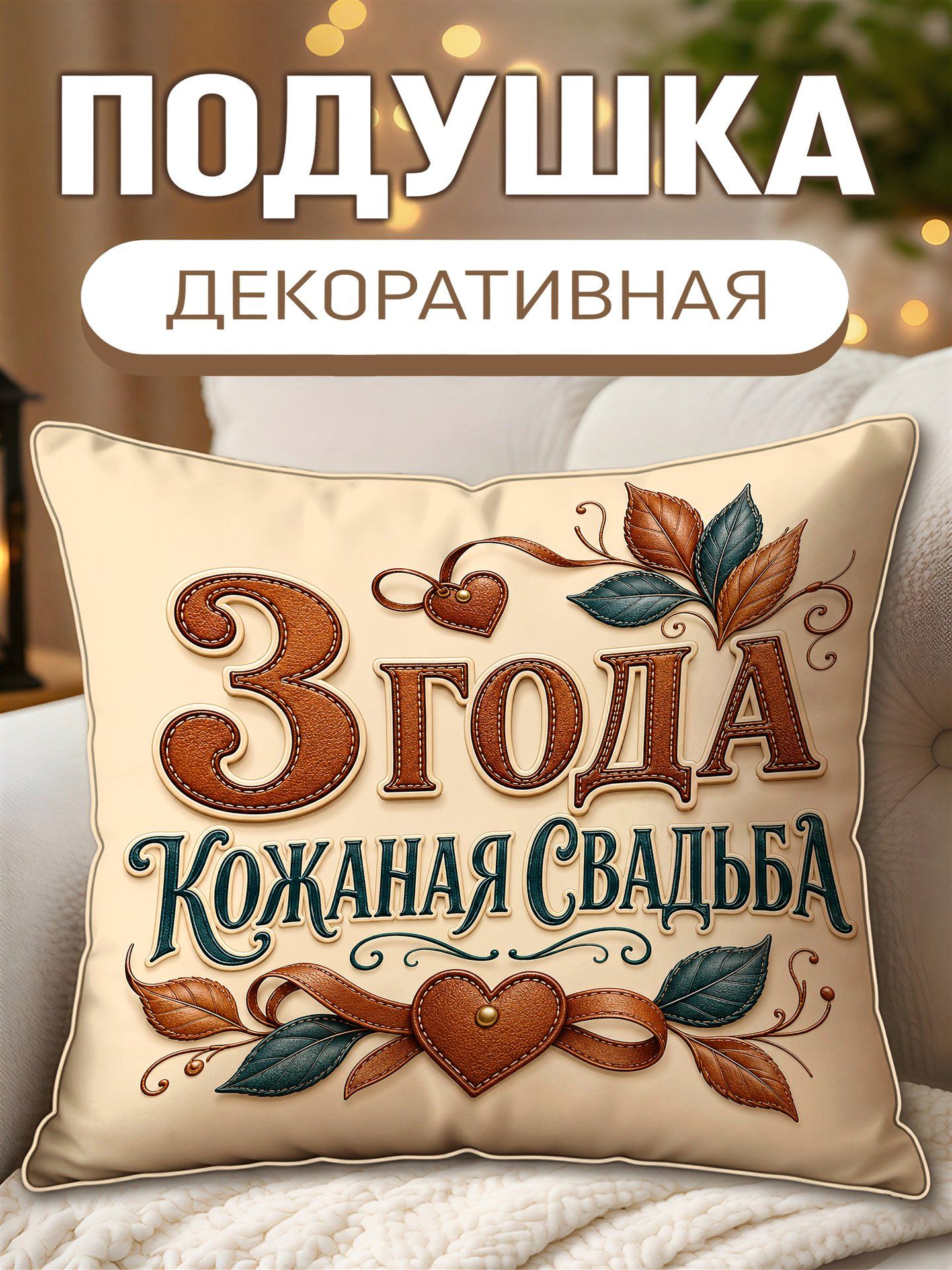 Подушка декоративная Три Года Кожаная Свадьба