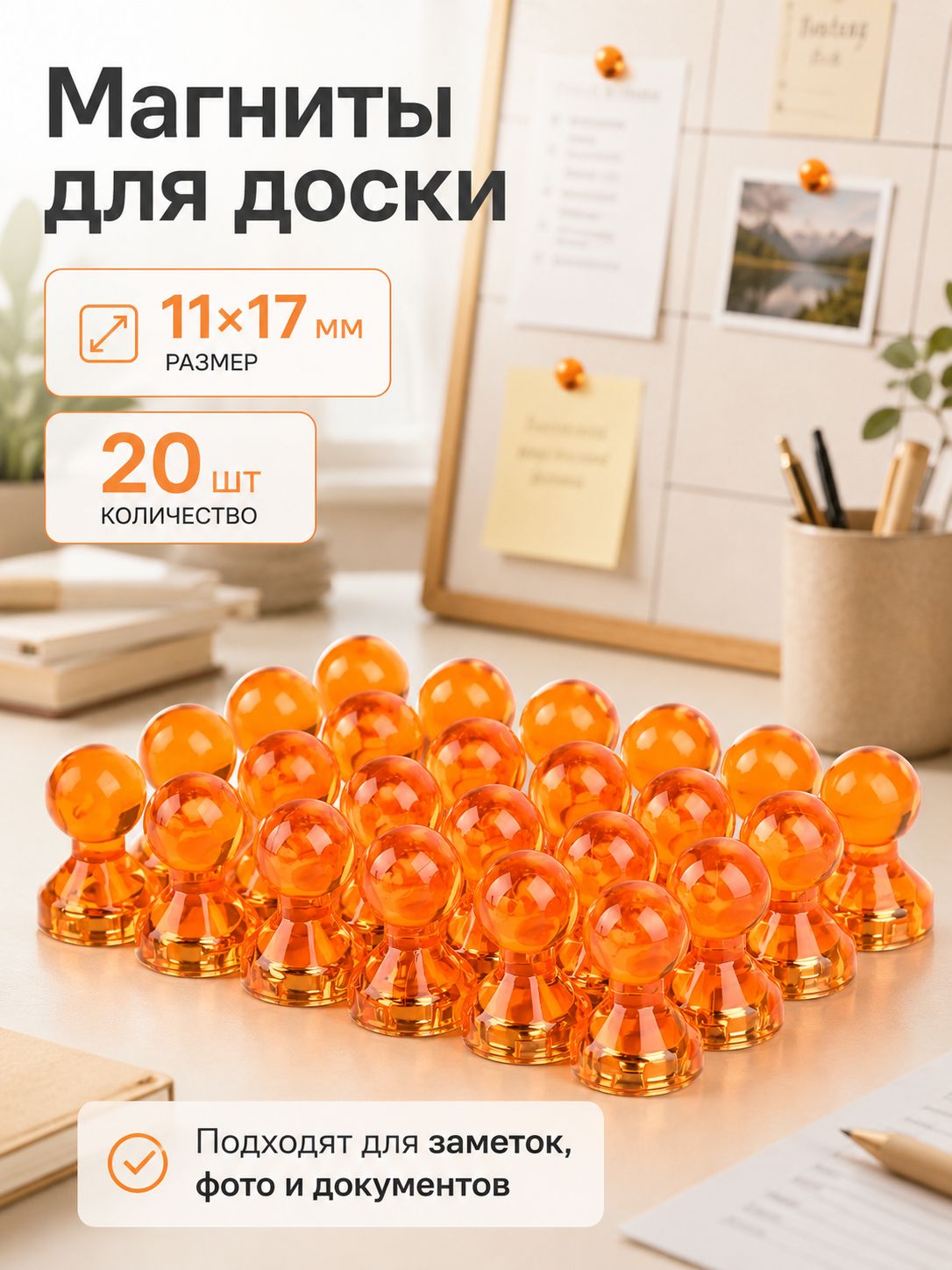 Магниты для доски 20 шт. Оранжевая прозрачная оболочка / Магниты канцелярские