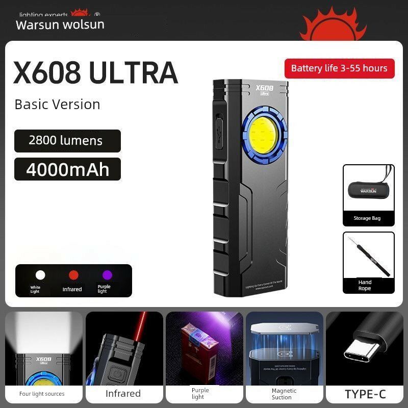 Фонарик Worsun X608 Ultra Basic 2800 Люмен, Мощный Перезаряжаемый Светодиодный Фонарь Для Туризма и Ремонта с Магнитом