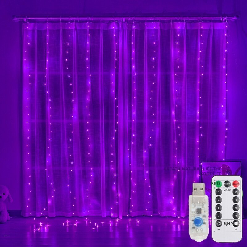 Светодиодная гирлянда-занавес 300 LED, 3х3 м, фиолетовая, с пультом ДУ и блоком питания, датчик движения, для дома и улицы