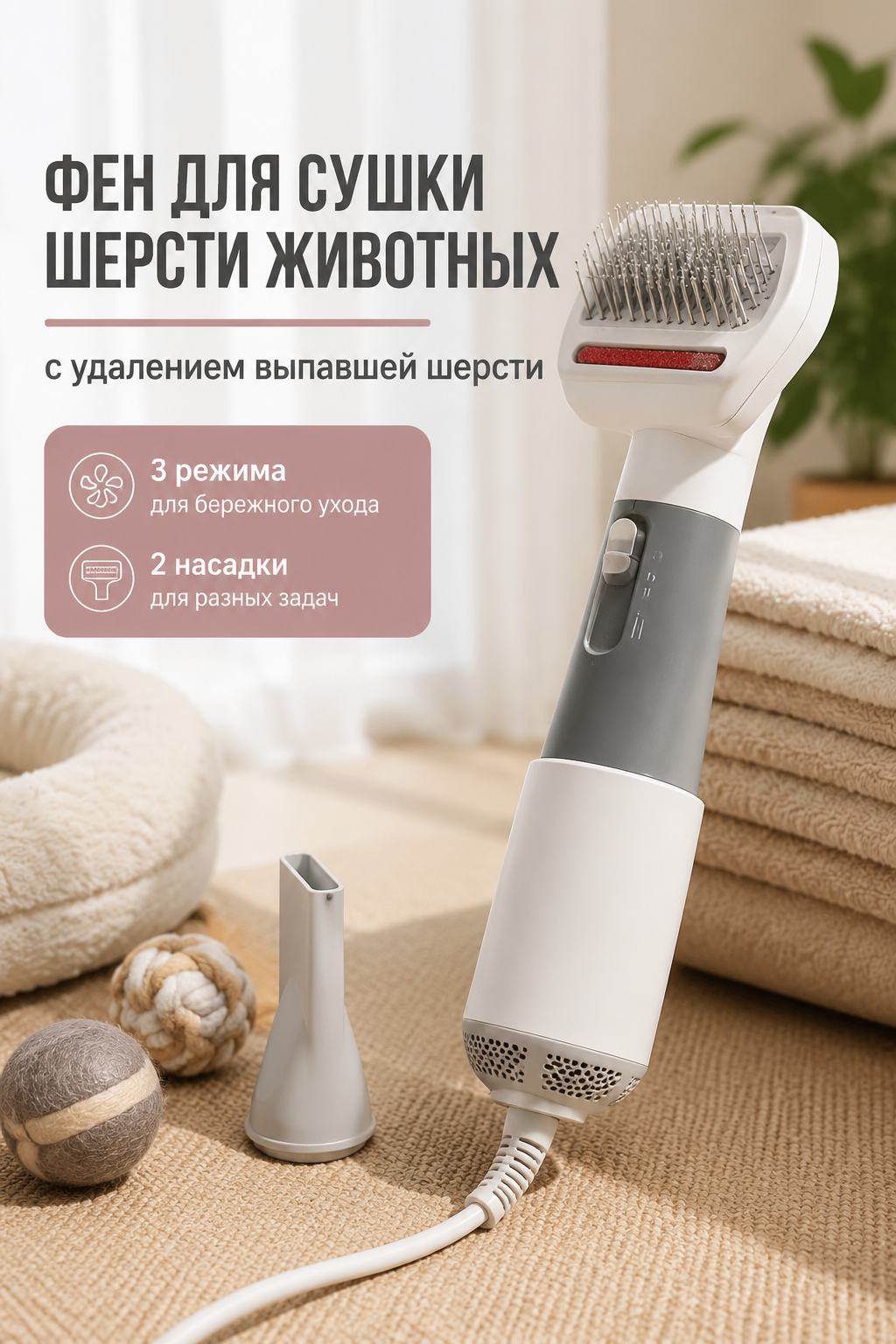 Фен для сушки шерсти животных с удалением выпавшей шерсти, 3 режима, 2 насадки