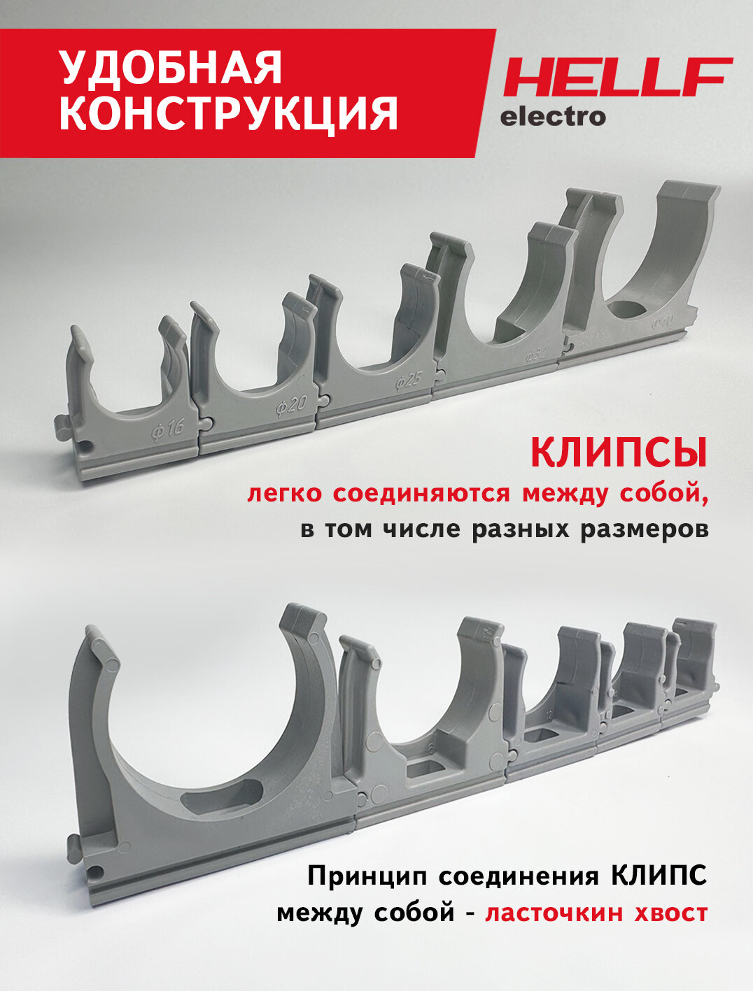 Крепеж клипса для трубы, гофры d16 серая 100 шт — фото 1