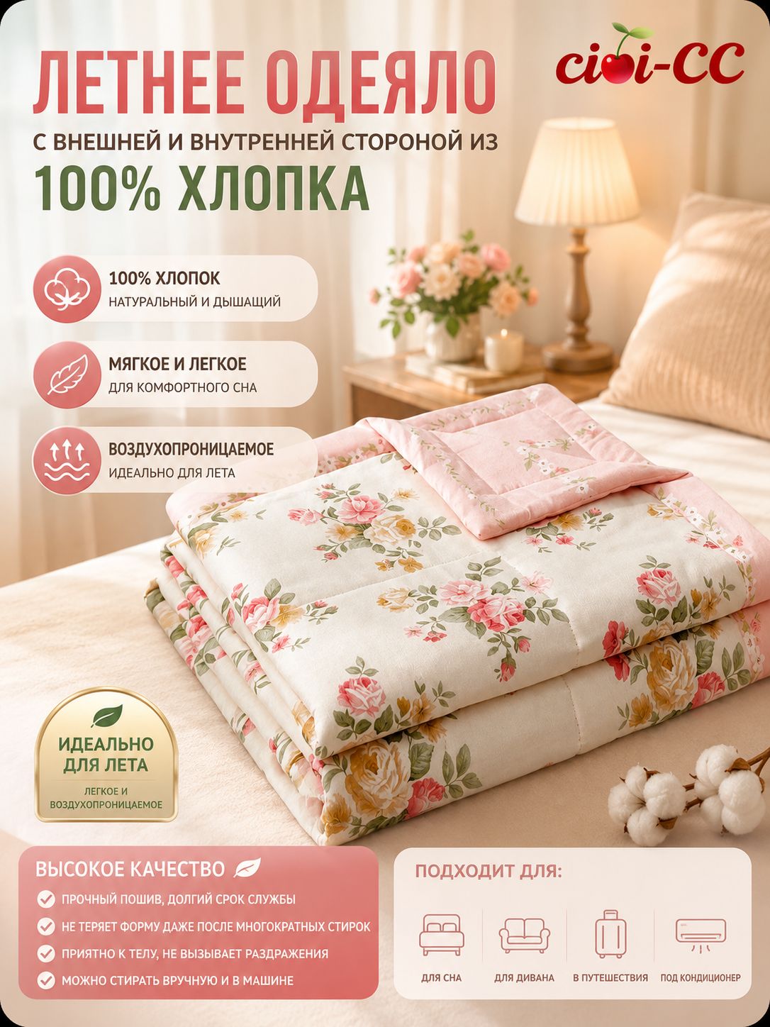 Плед 180x200 см хлопок стёганый цветы темно-бежевый