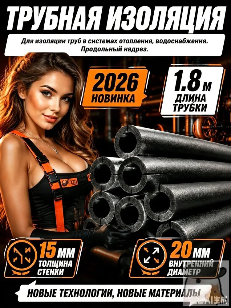 Трубная изоляция 20/15 мм, 1.8 м, утеплитель для труб отопления, водоснабжения и кондиционирования