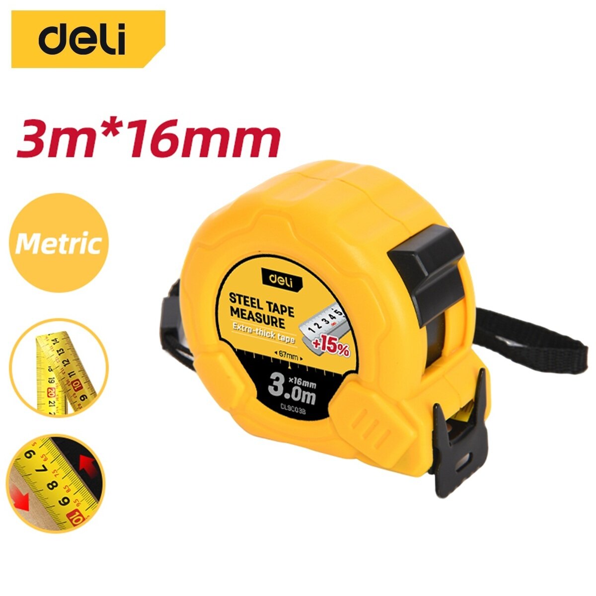 Рулетка Deli DL9003B (3м*16мм, метрическая, ударопрочный корпус)