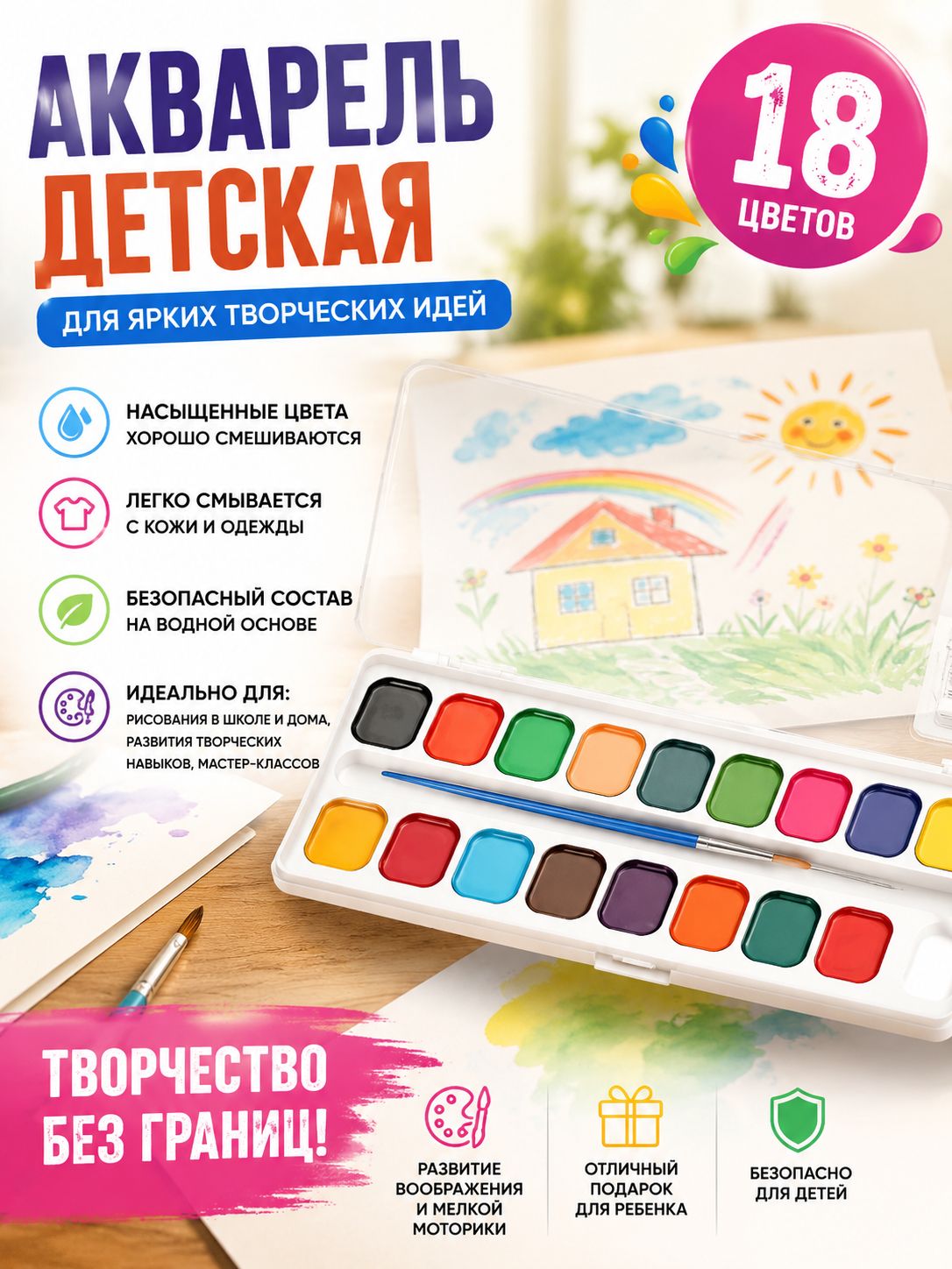 Краски акварельные 18 шт, Артикул: 5584248205, Цветовые эффекты: Классическая