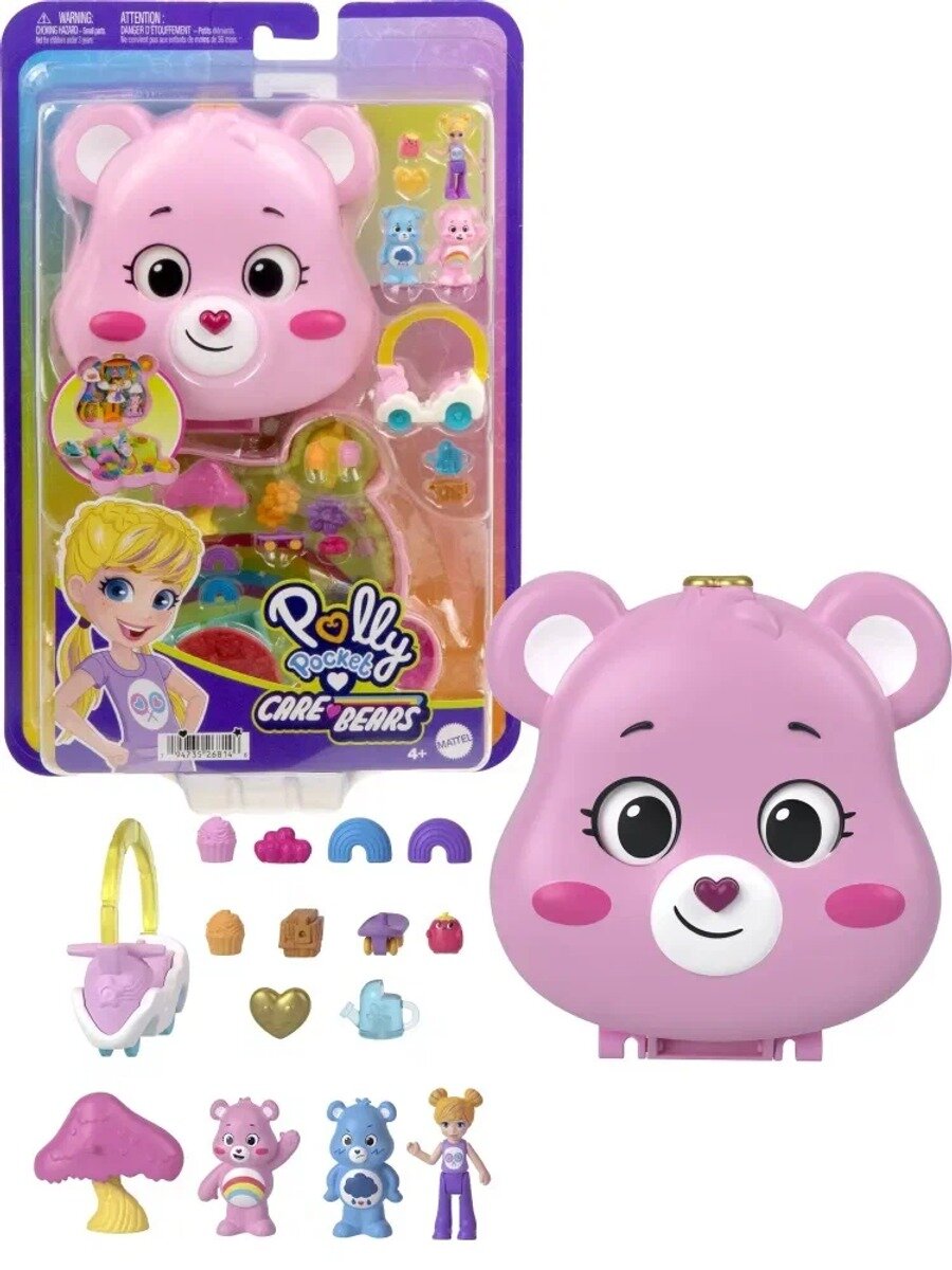 Куклы и игровой набор Polly Pocket X Care Bears с игрушечной машиной и тематическими аксессуарами