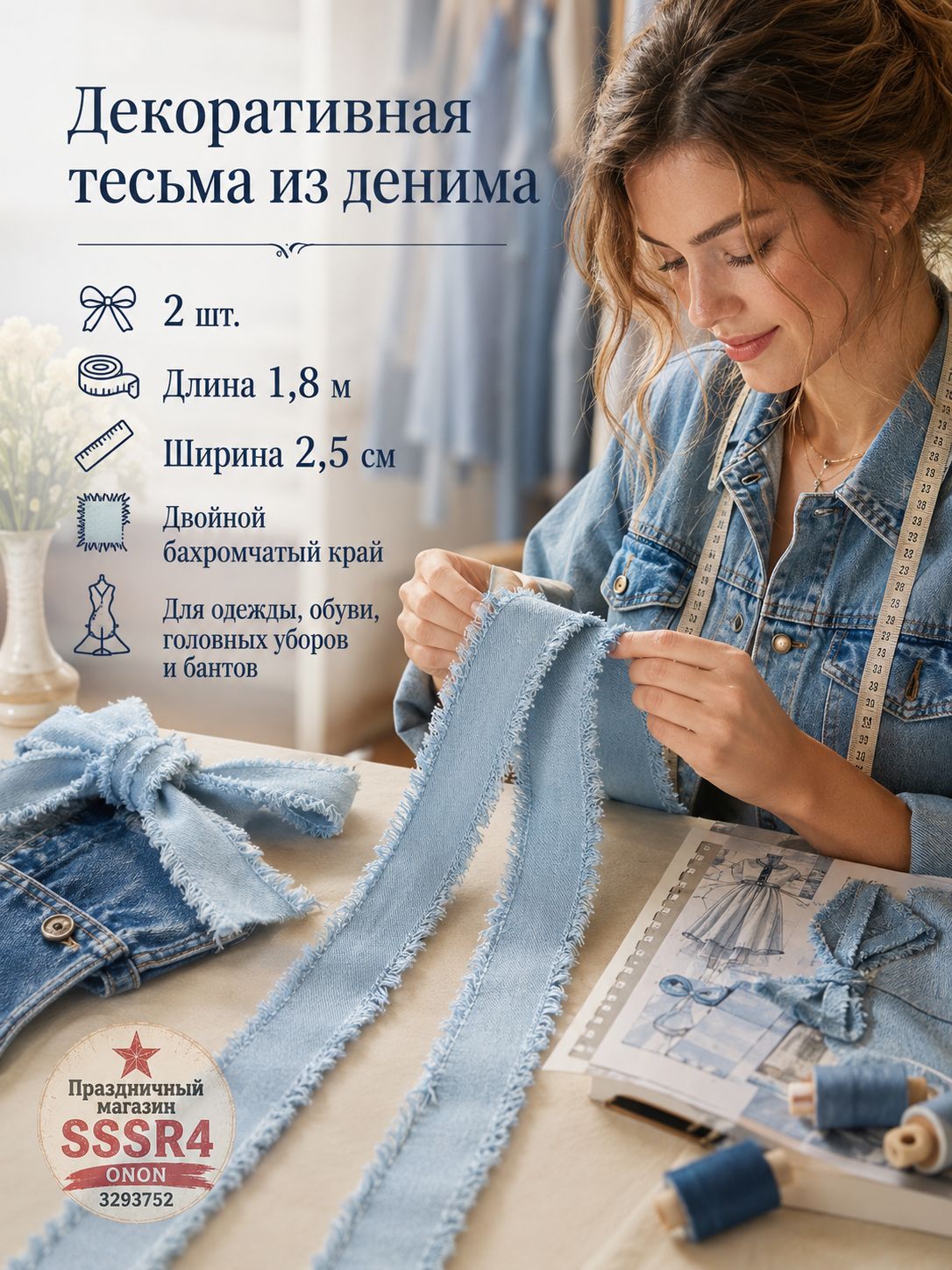Джинсовая лента 4 см, с бахромой с двух сторон, длина 1,8 м
