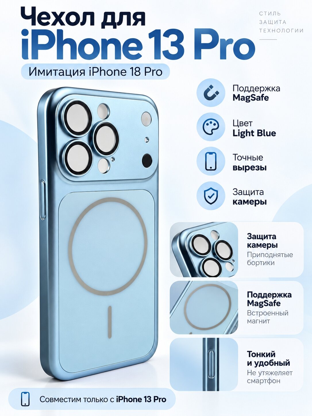Чехол для iPhone 13 Pro имитация iPhone 18 Pro с поддержкой MagSafe Light Blue