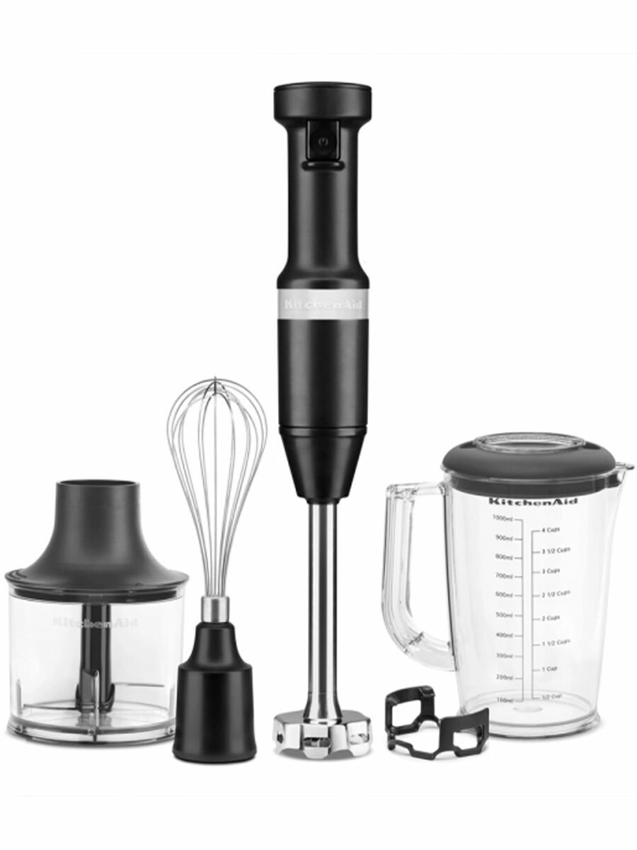 Блендер погружной KitchenAid 5KHBV83EBM, 180 Вт, до 11600 об/мин, измельчитель, венчик, стакан 1 л, черный матовый