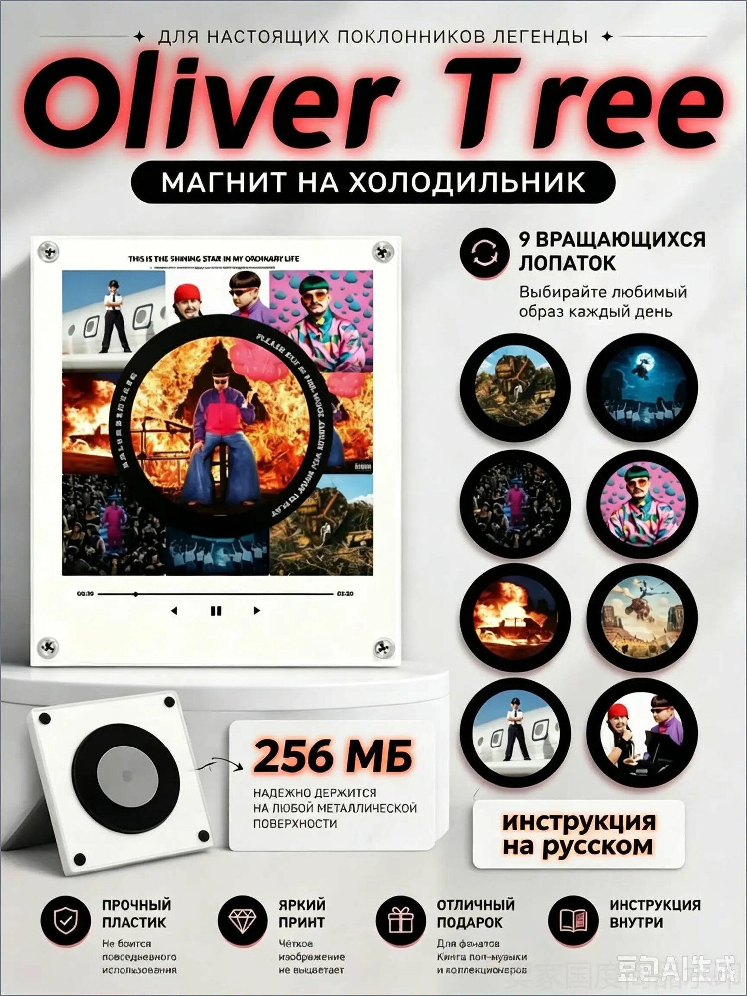 Мини проигрыватель на холодильник/музыкальный магнит на холодильник с дисками Оливер Три/Oliver Tree, 256 МБ, инструкция на русском