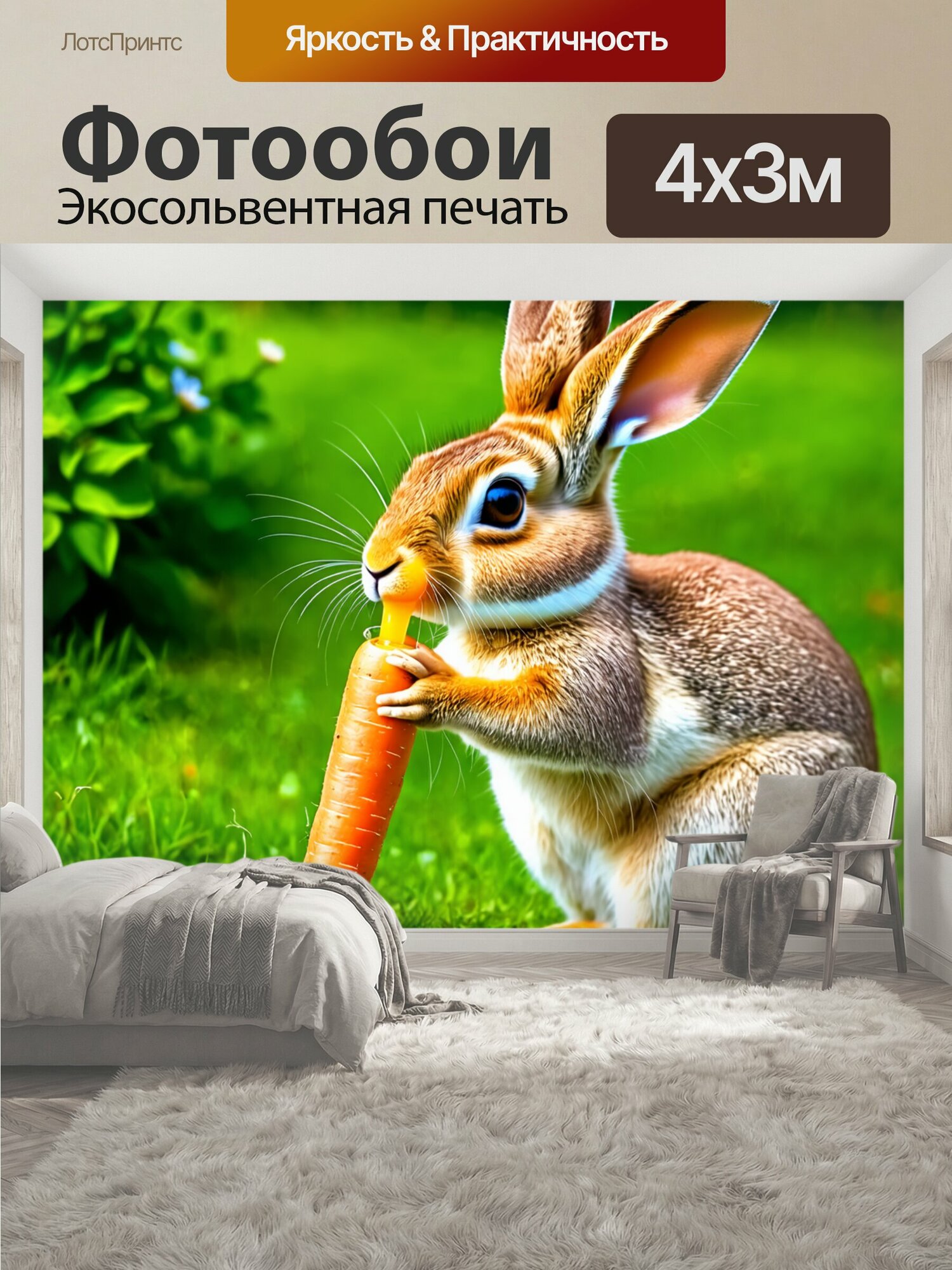 Фотообои "Заяц, отжимающий сока из моркови, в красивом саду, в стиле реализма, естественные цвета" 400x300 см. экосольвентная печать