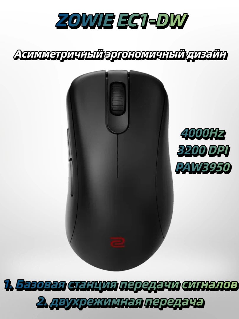 Zowie by BENQ Игровая мышь беспроводная EC1-DW, PAW3950, 4000Hz + 3200 DPI, Асимметричный эргономичный дизайн, Базовая станция передачи сигналов, двухрежимная передача, черный