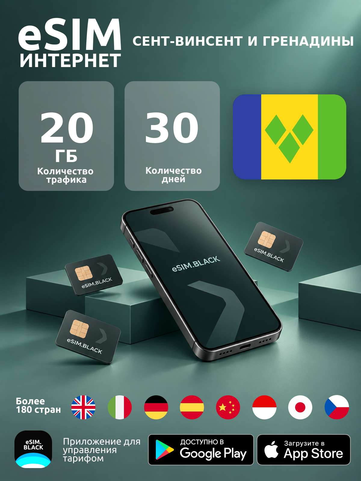 Сент-Винсент и Гренадины/30 дней/20 ГБ - eSIM для мобильного интернета ( iPhone | Android ).
