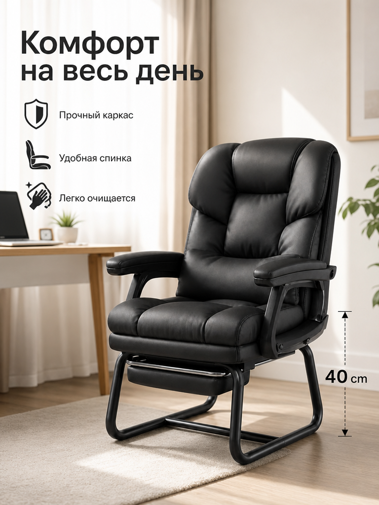 Компьютерное кресло чёрное, с подушкой и подставкой для ног, устойчивое, многофункциональное