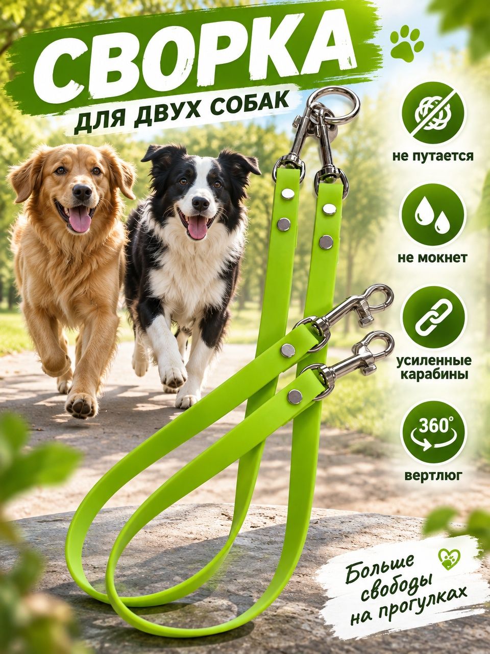 Сворка 50 см. для двух собак из биотана, 15 мм , 2 шт. салатовый