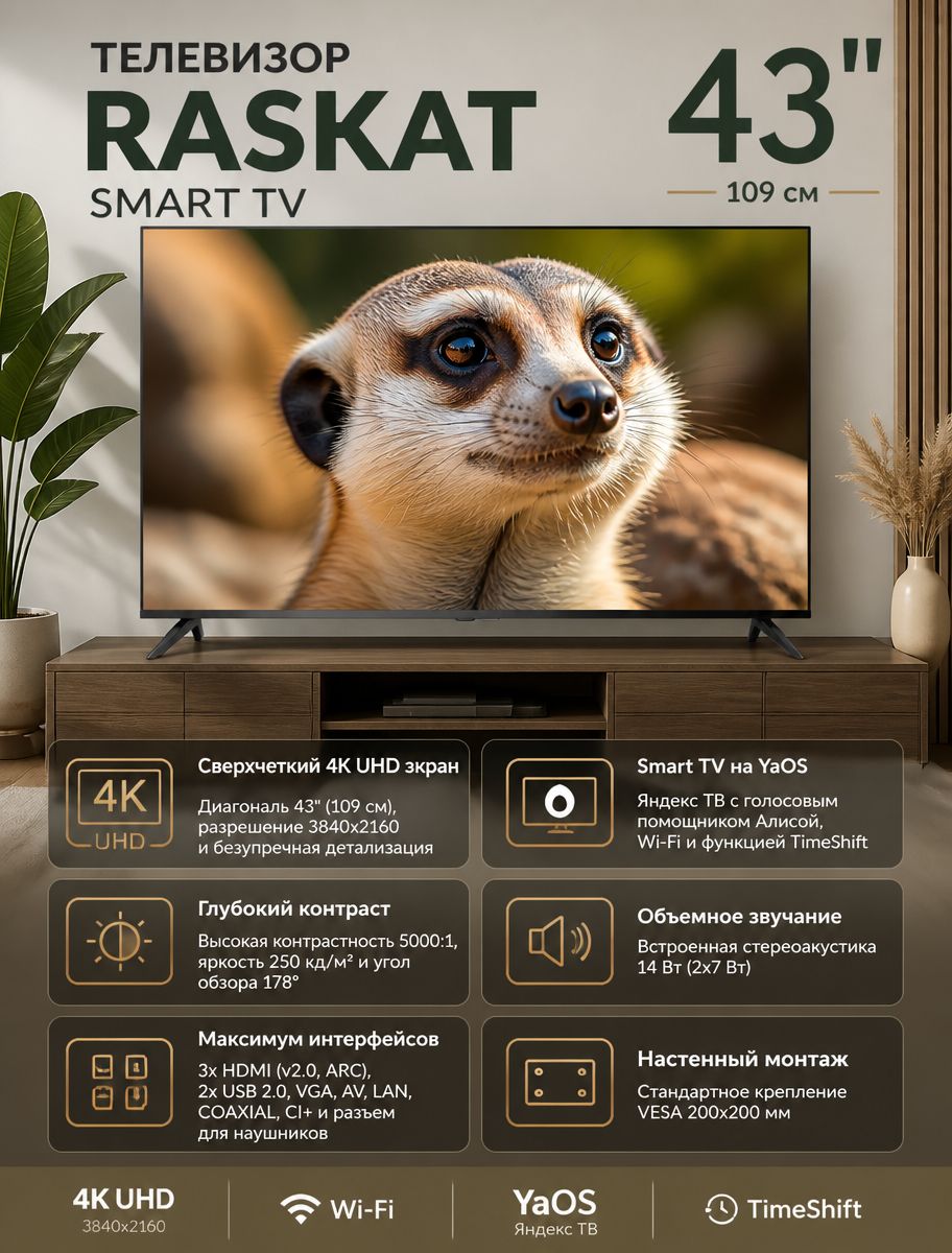 Телевизор RASKAT 43U5400B 43" (109 см) 4K Ultra HD, Smart TV YaOS (Яндекс), Wi-Fi