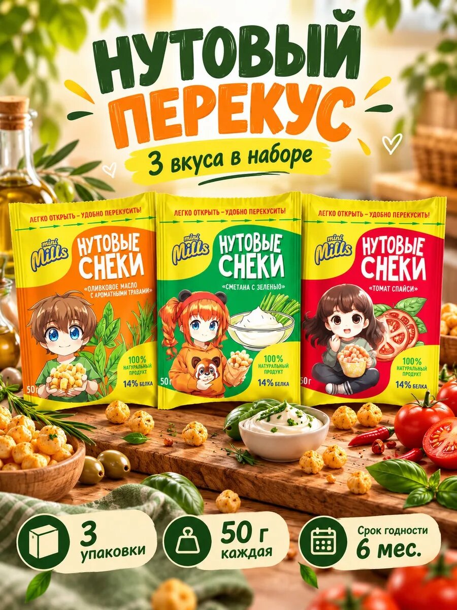 Набор снэков Нутовый перекус: три вкуса, 3 вкуса по 50 г: оливковое масло с травами, сметана с травами, томат спайси, снэки и кукурузные палочки