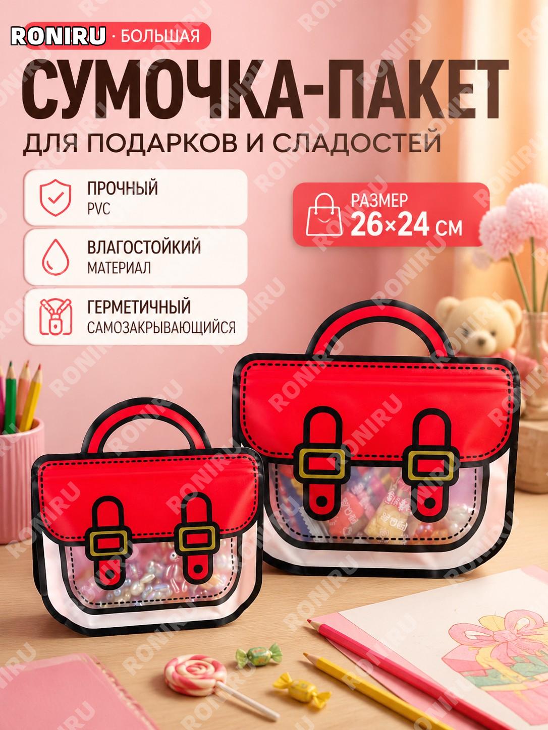 Подарочный пакет с мультяшным рисунком 26×24 см красный PVC самозакрывающийся пакет для подарков и хранения детям
