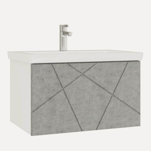Изображение товара Тумба с раковиной Vigo Geometry 60 подвесная, 60 см, серая, матовая, с ящиками, раковина для ванной, фарфоровая, прямоугольная, встроенный слив-перелив