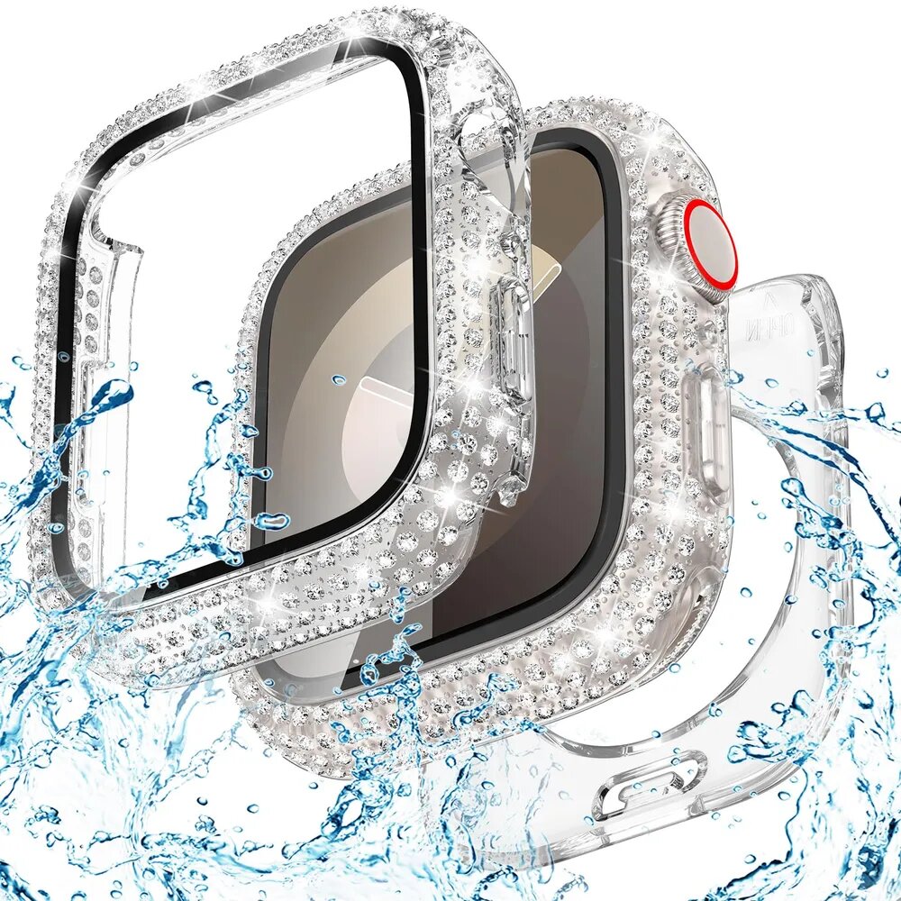 Блестящий чехол для Apple Watch Series10 42 мм, стразы, множество цветов, чехол и защитная плёнка 2-в-1.
