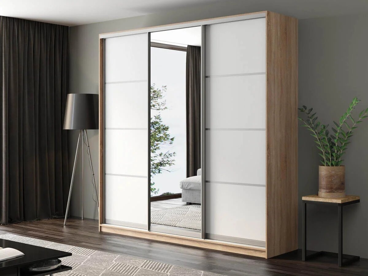 Шкаф купе для одежды Гаэта 3, МФ-Купе, с зеркалом, 240х60х240, цвет Белый/Дуб Сонома, белье/платье/платье