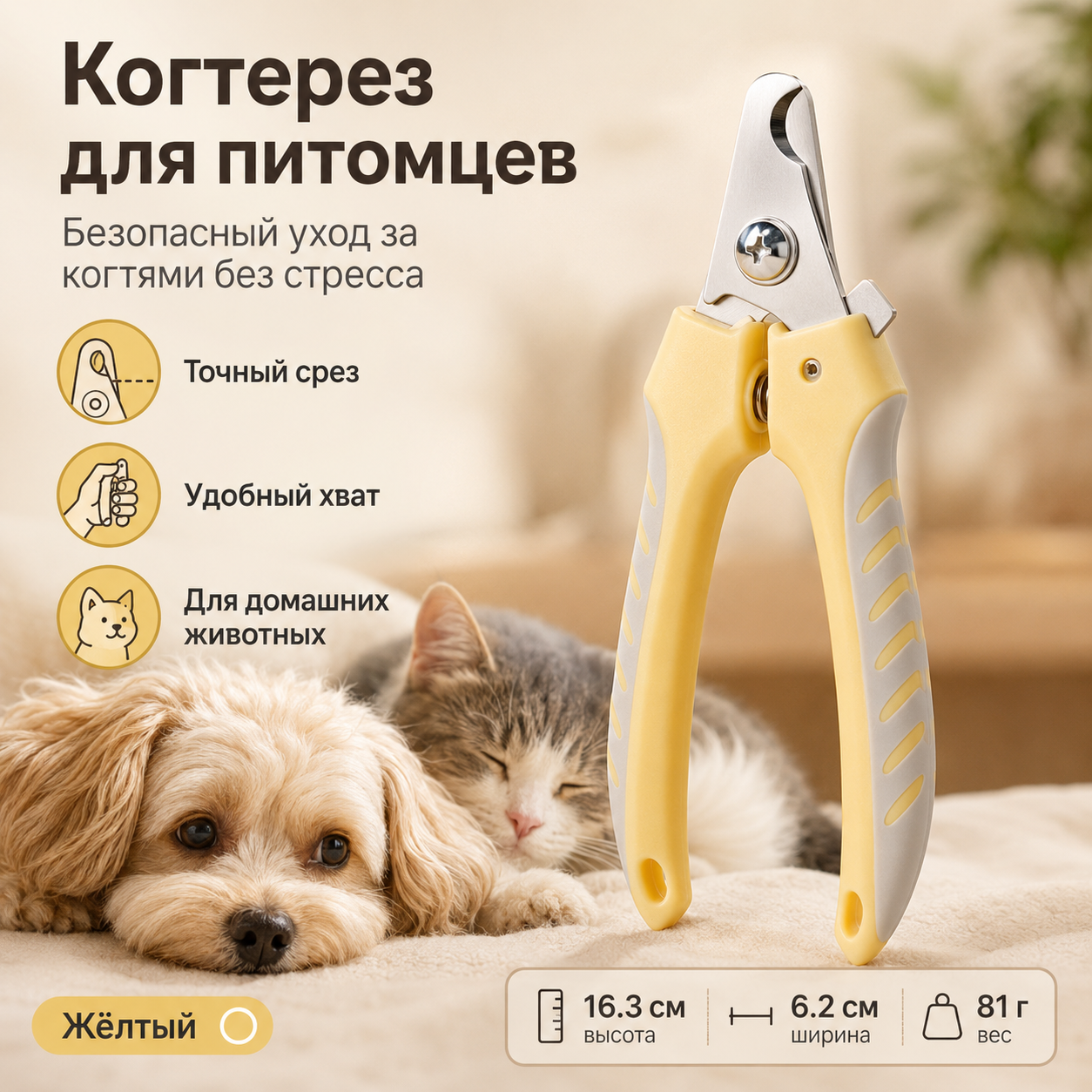 Когтерез для кошек и собак, жёлтый, кусачки для когтей питомца с защитным ограничителем, эргономичная ручка для домашнего ухода