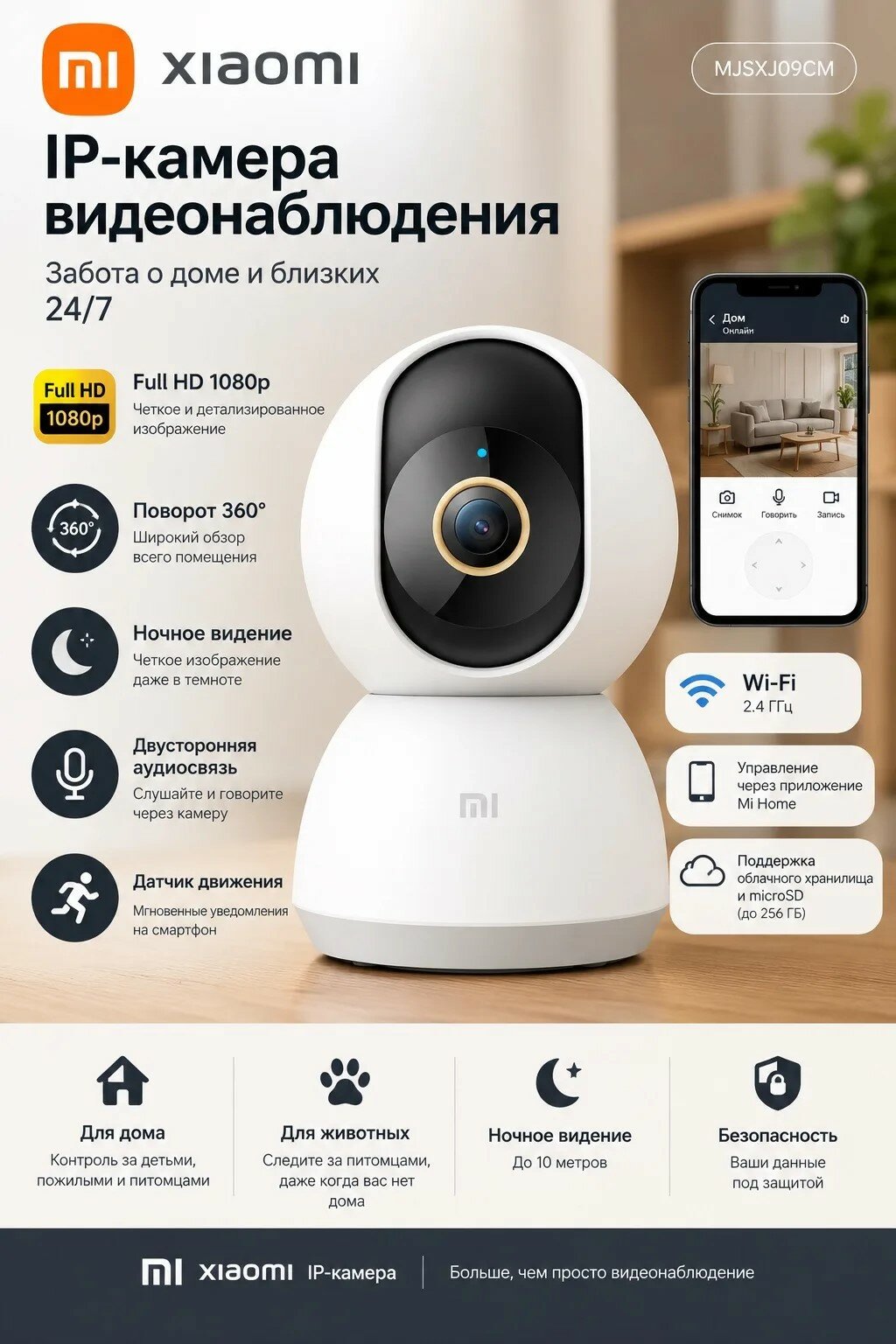 IP‑камера Xiaomi Mi Smart Camera MJSXJ09CM (BHR4900CN), белая, 2K, с магнитным креплением, поворотная, для умного дома (совместима с Mi Home)