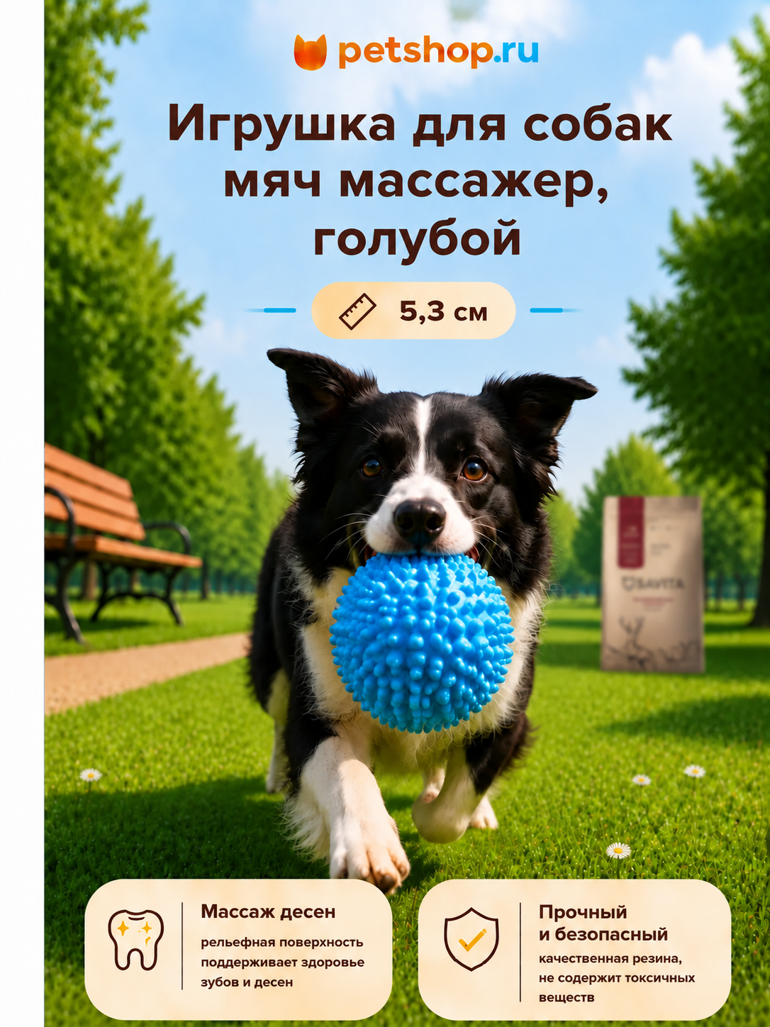 Tappi Игрушка для собак мяч массажер, голубой, 5,3 см