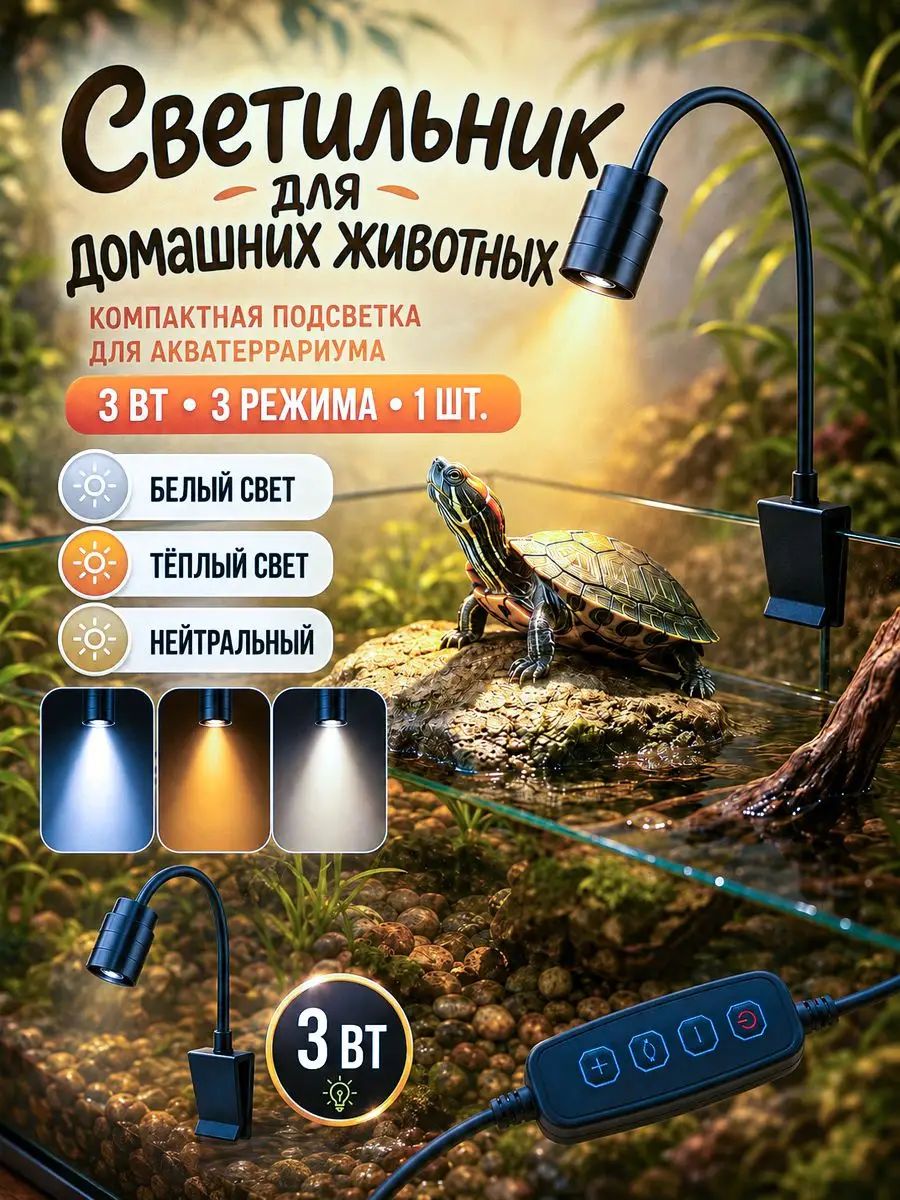 Светильник для террариума, для черепах, ящериц, попугаев, насекомых. 1 лампочки в наборе.