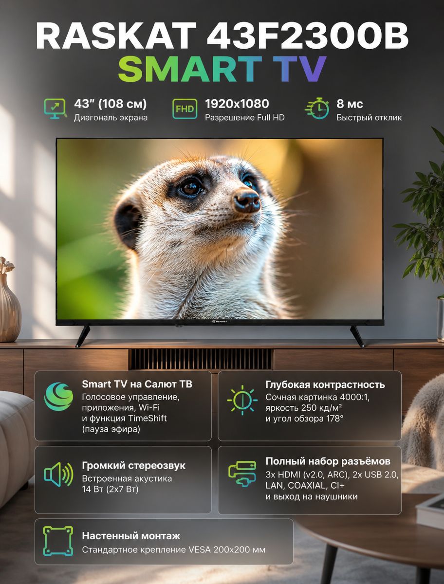 Телевизор RASKAT 43F2300B 43" (109 см) Full HD LED, Smart TV Салют ТВ, Wi-Fi