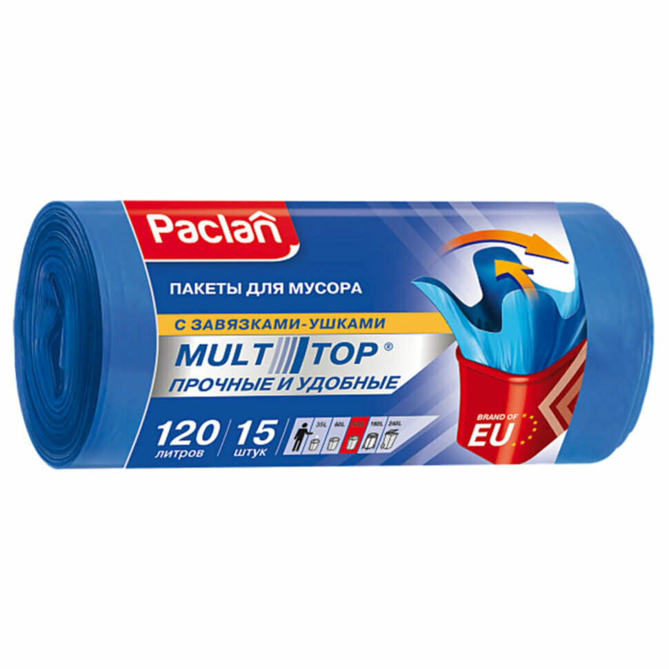Мешки для мусора 120 л, с ушками, синие, в рулоне 15 шт, ПВД, 24 мкм, 70х110 см, PACLAN "Multitop", 402045, 604063
