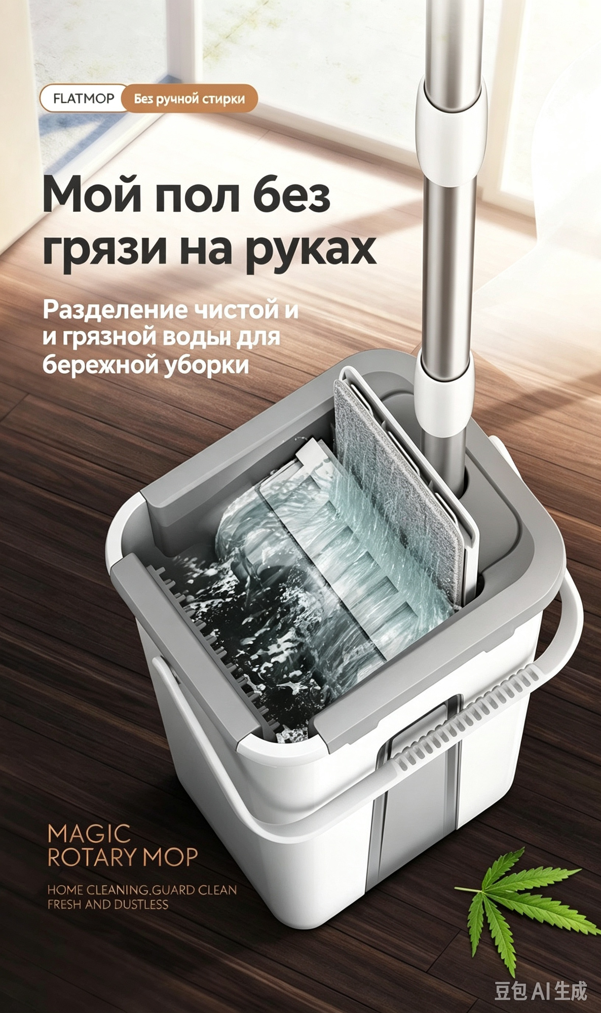 Плоская швабра с ведром самоочистки, в комплекте 2 ткани, поворот 360°