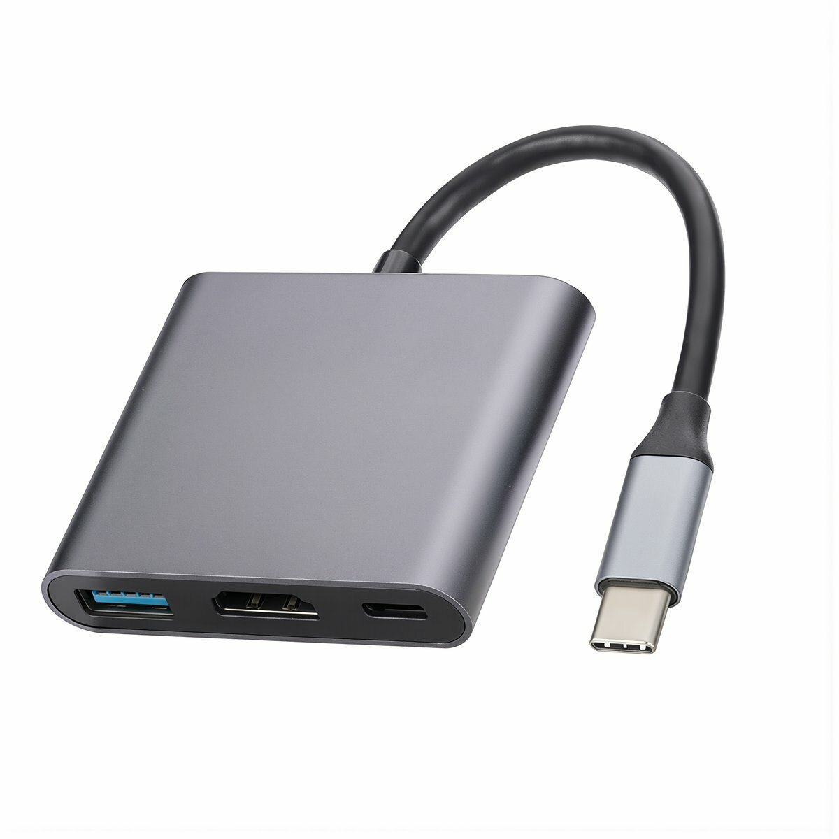 Адаптер Type-C 3 в 1 с выходом HDMI 4K, порт USB 3.0 и поддержка PD зарядки для ноутбуков и смартфонов, не требует драйверов, Черная линия, серый цвет
