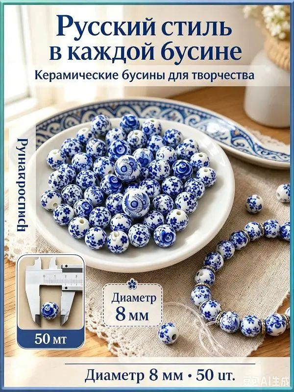 Керамические круглые бусины 8мм 50шт, узор Гжель для создания украшений своими руками