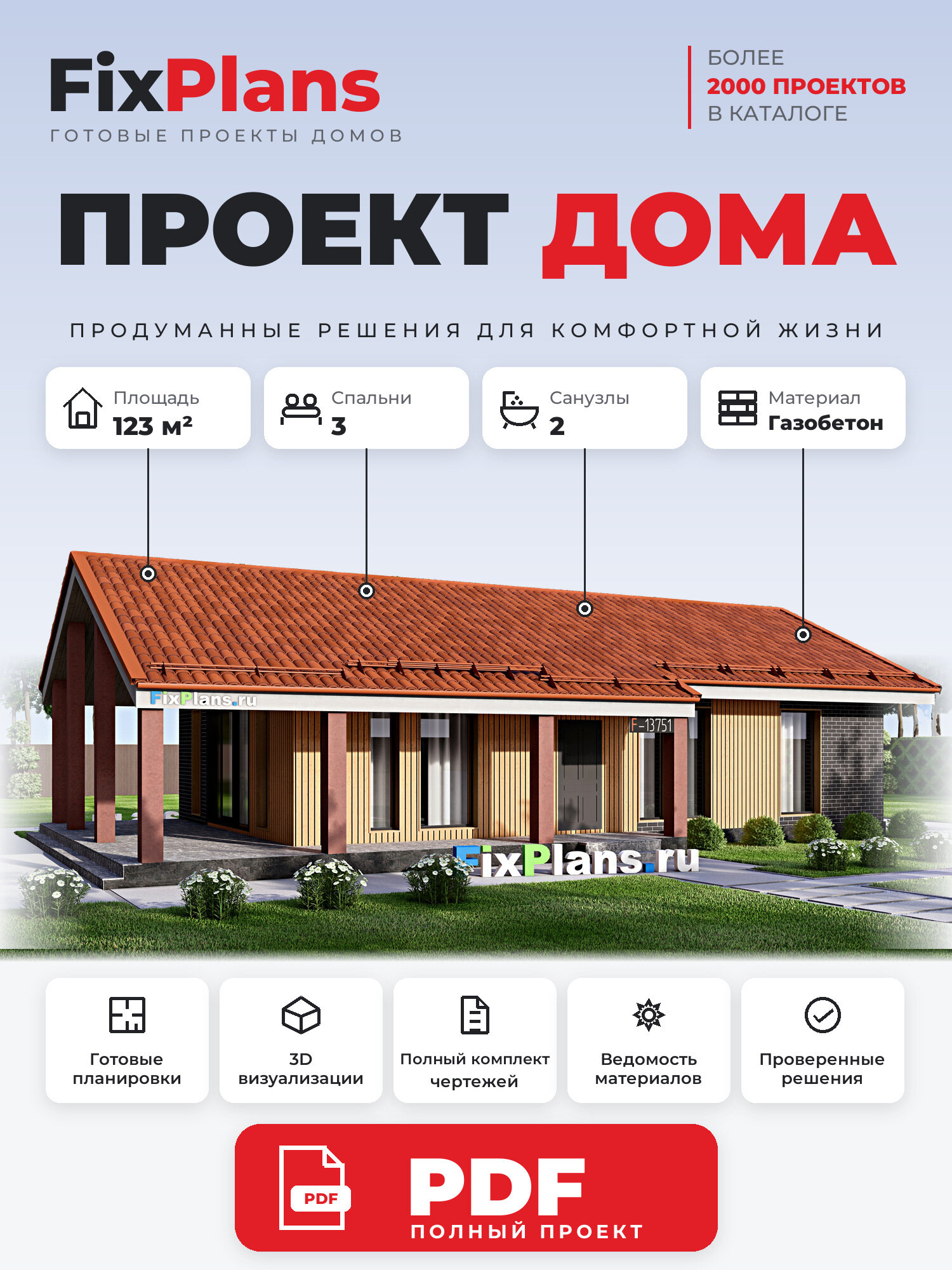 Проект дома FIXPLANS. Одноэтажный. Площадь 123.41 м2 F-13751 Размер 9.59 х 16.64
