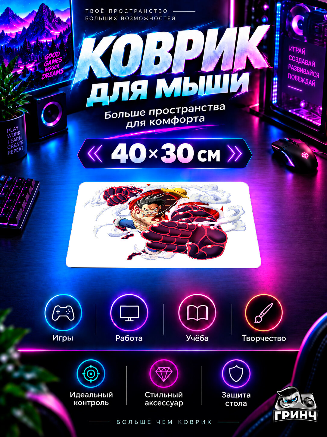 Игровой коврик для мыши 40×30 см — One Piece / Ван-Пис — Monkey D Luffy One Piece