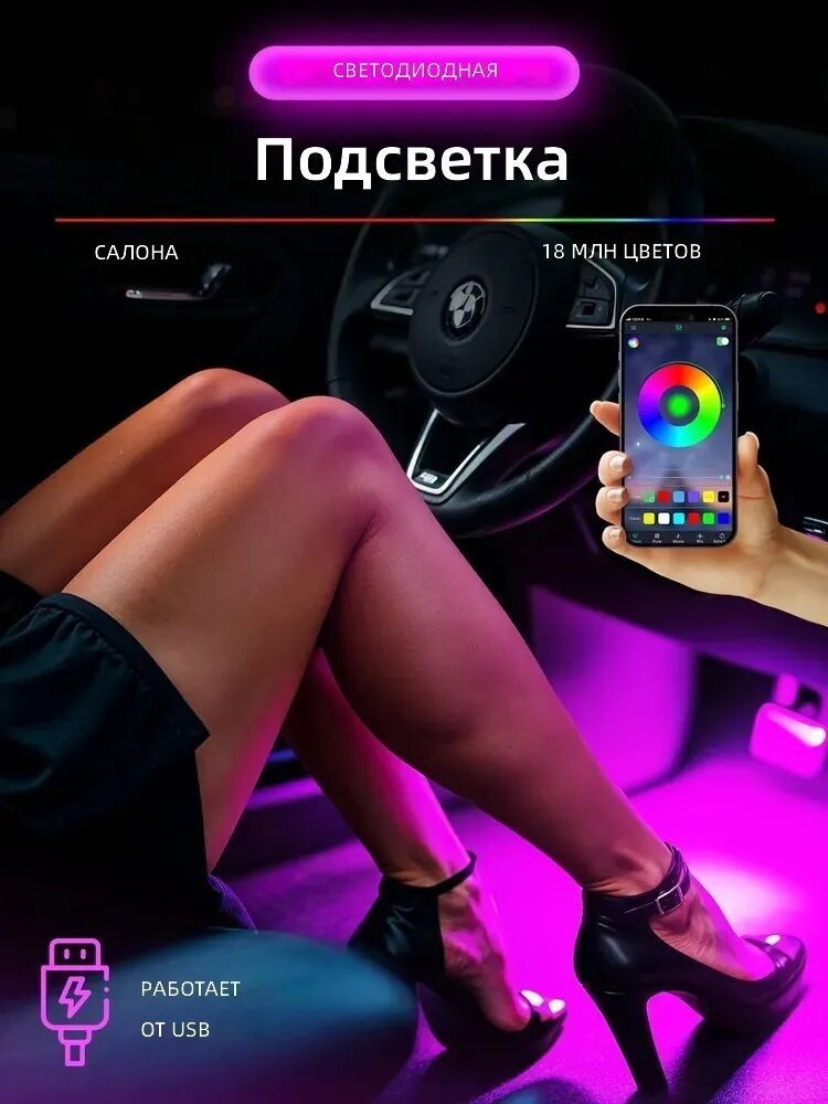 Светодиодная подсветка салона автомобиля, 18 млн цветов, USB